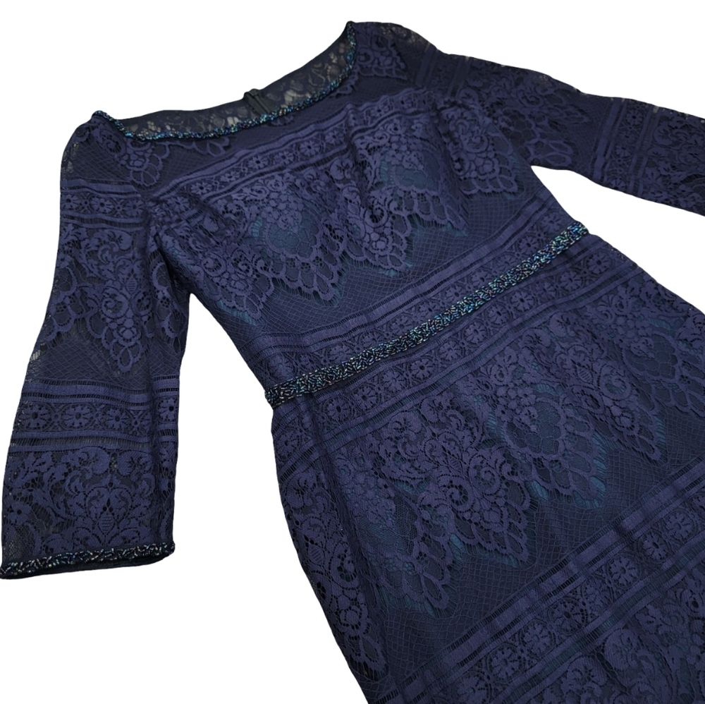 Social Occasions by Mon Cheri Navy Lace Midi Dress Beaded Wedding Guest Size 12 - Picture 9 of 17